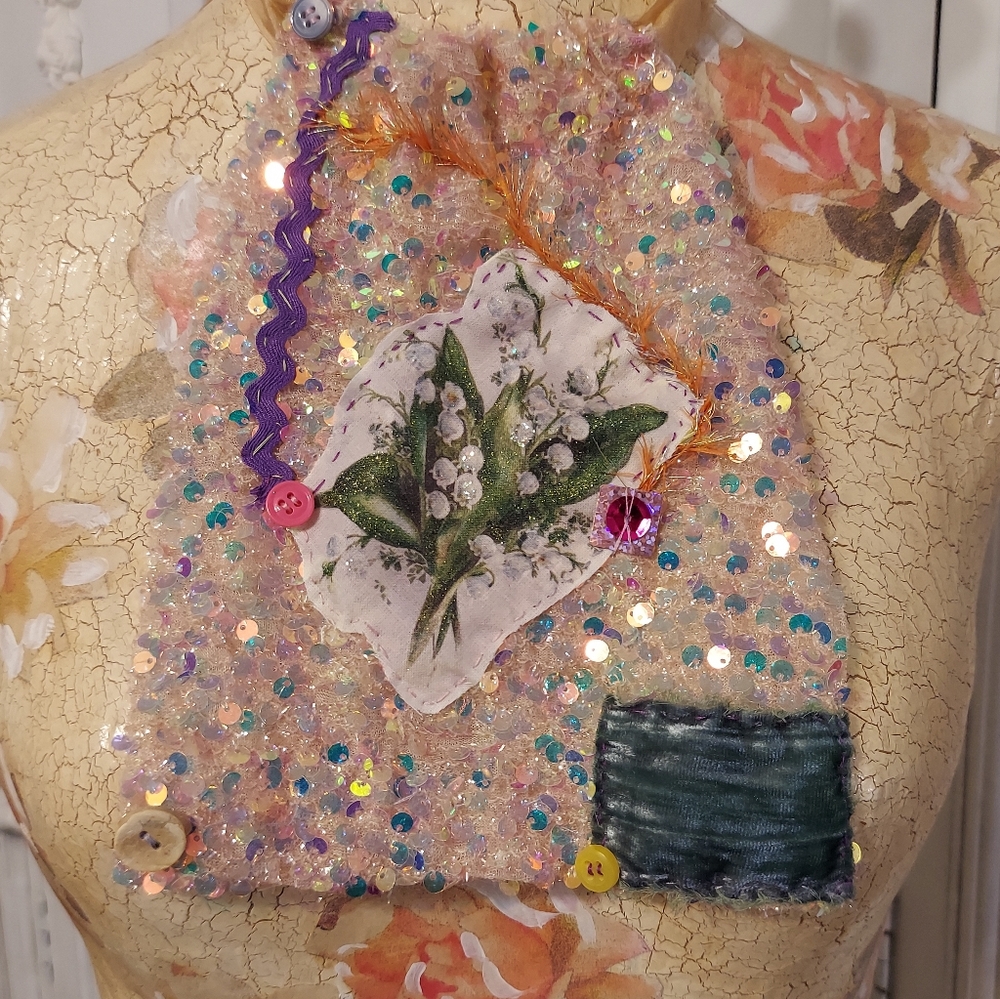🪻JABOT 🪻Handcrafted/ Handsewn Sequin Necklace Adornment NWT One Of A Kind - Picture 7 of 13